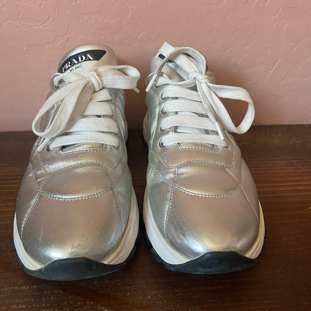 Prada Metallic Silver Lace-Up Sneakers - Picture 2 of 7